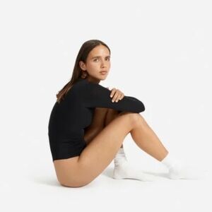 Everlane Bodysuit Women Black Thong Long Sleeve V Neck Supima Cotton